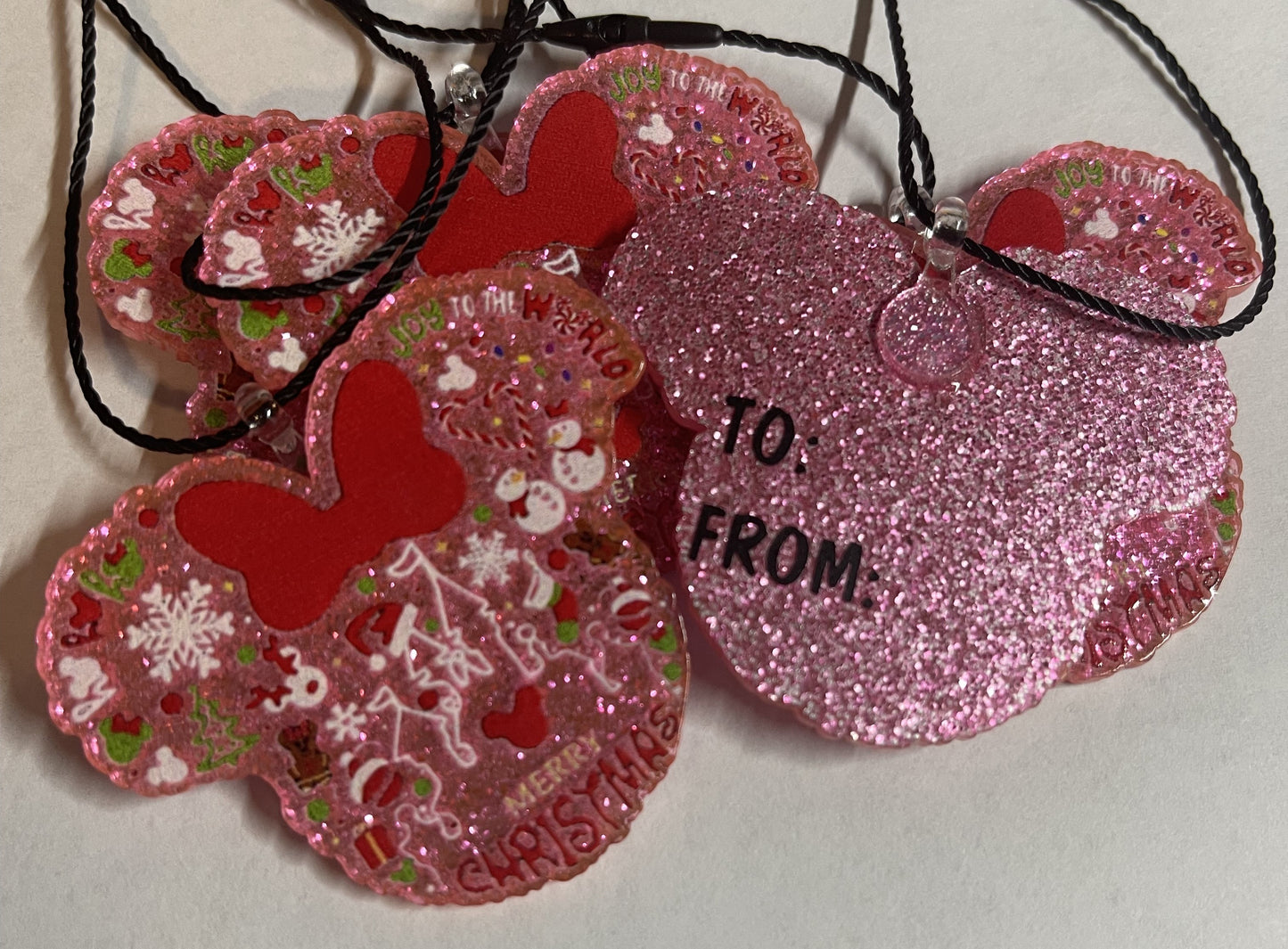 PINK MINNIE MOUSE HEAD KEEPSAKE GIFT TAG ORNAMENT SET OF 5