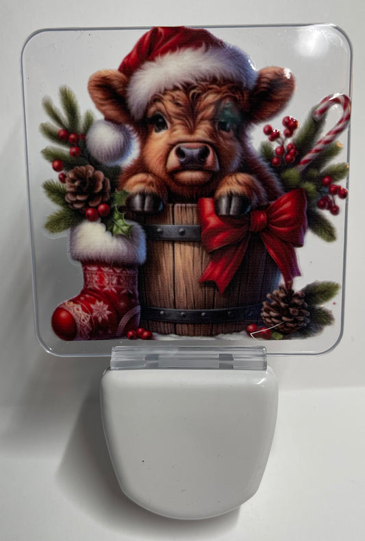 CHRISTMAS COW IN BARREL WITH STOCKING