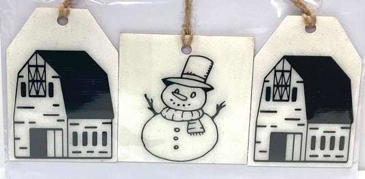3 PC SET BARNS AND SNOWMAN