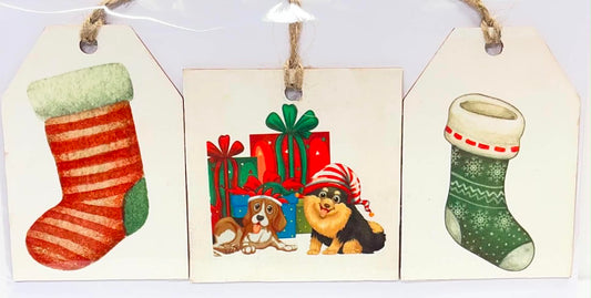 3 PC SET STOCKINGS GIFTS AND DOG