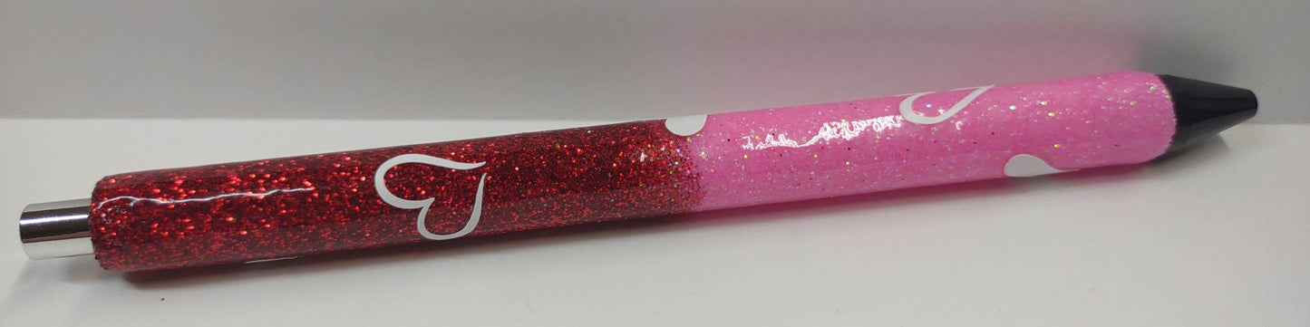 RED TO HOT PINK GLITTER PEN WITH WHITE HEARTS