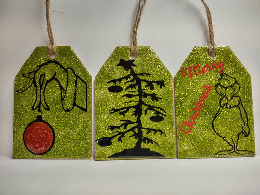Red Bulb, Tree, Grinch with Red Merry Christmas Set of 3