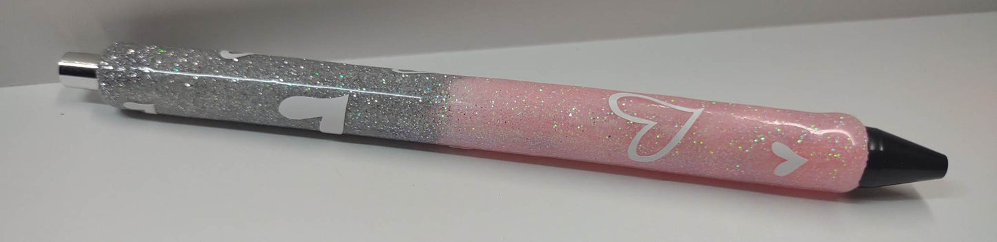SILVER TO LIGHT PINK GLITTER PEN WITH WHITE HEARTS