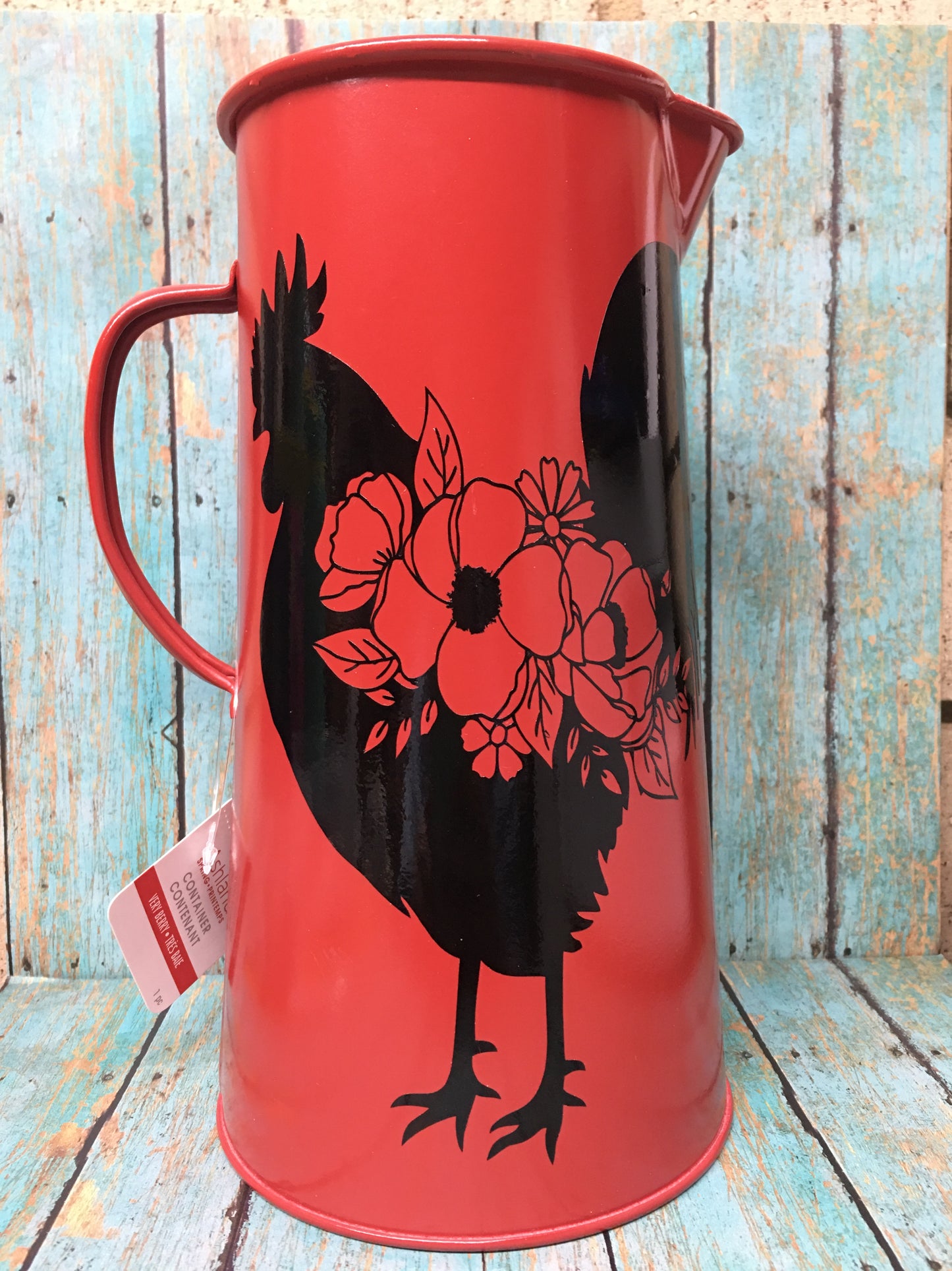 Red Metal Pitcher with Floral Rooster