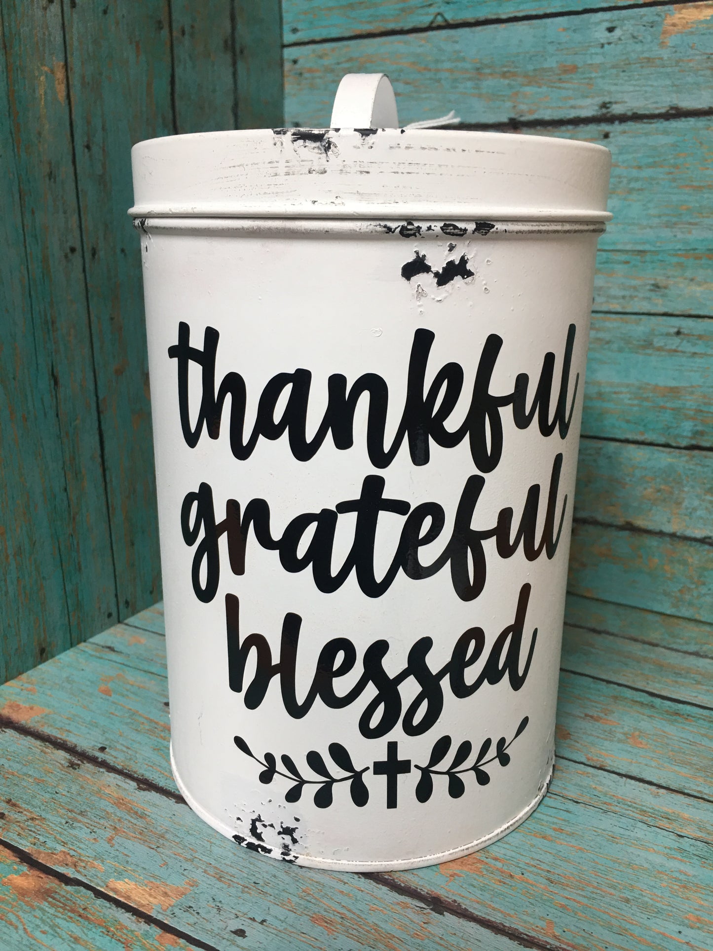 Metal Canister Thankful, Grateful, Blessed with Cross