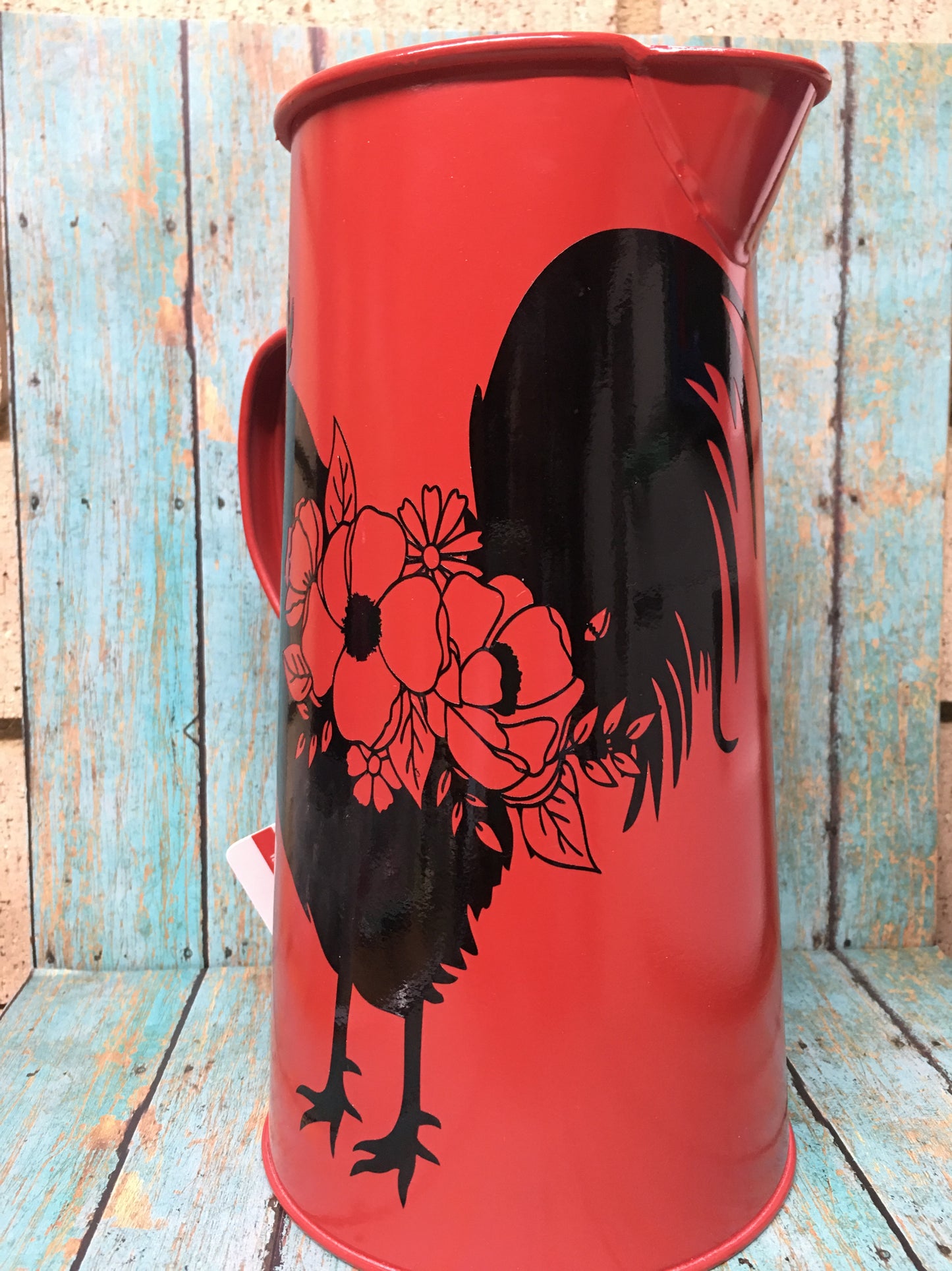 Red Metal Pitcher with Floral Rooster
